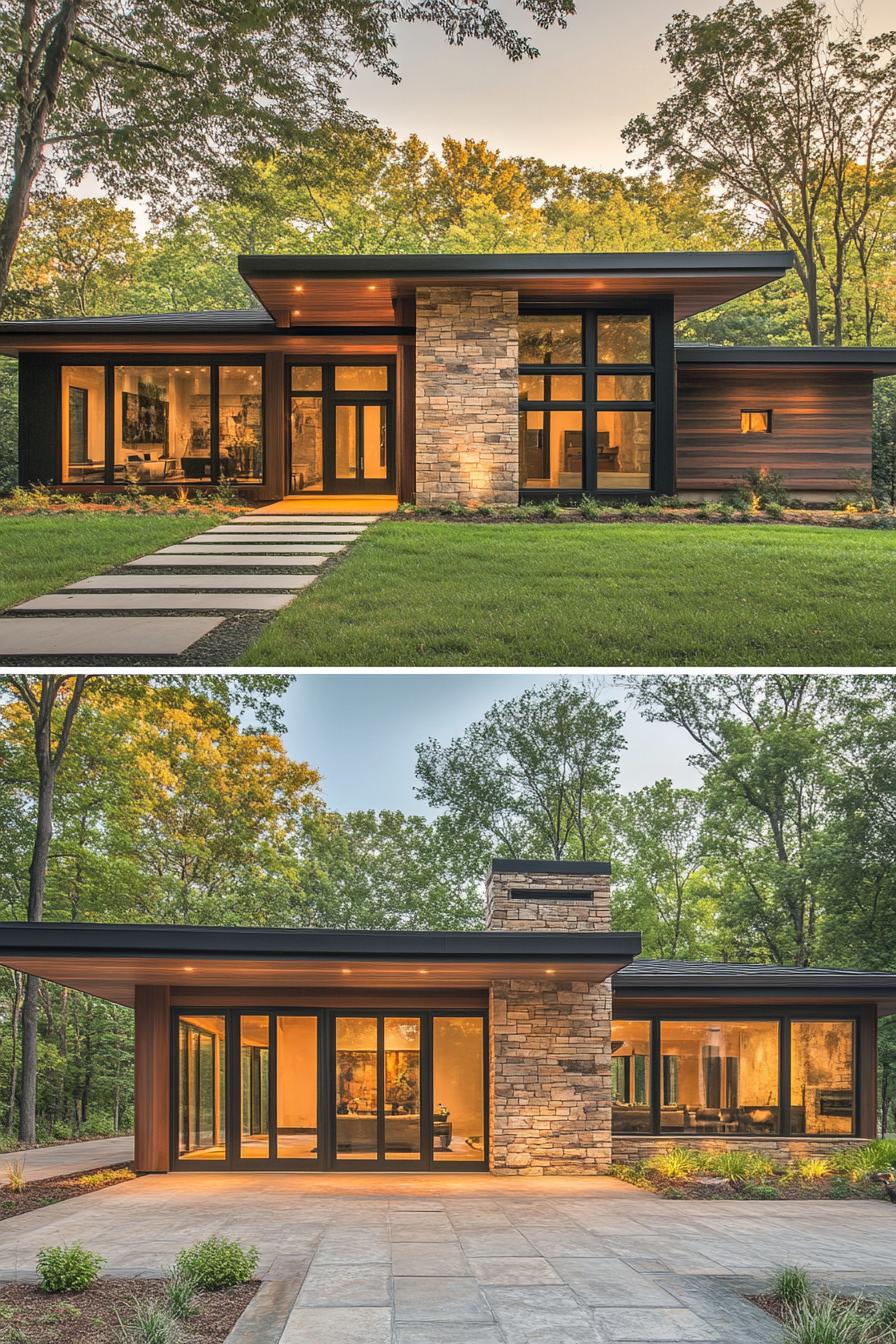 Sleek and modern ranch house with large stone chimney and expansive windows