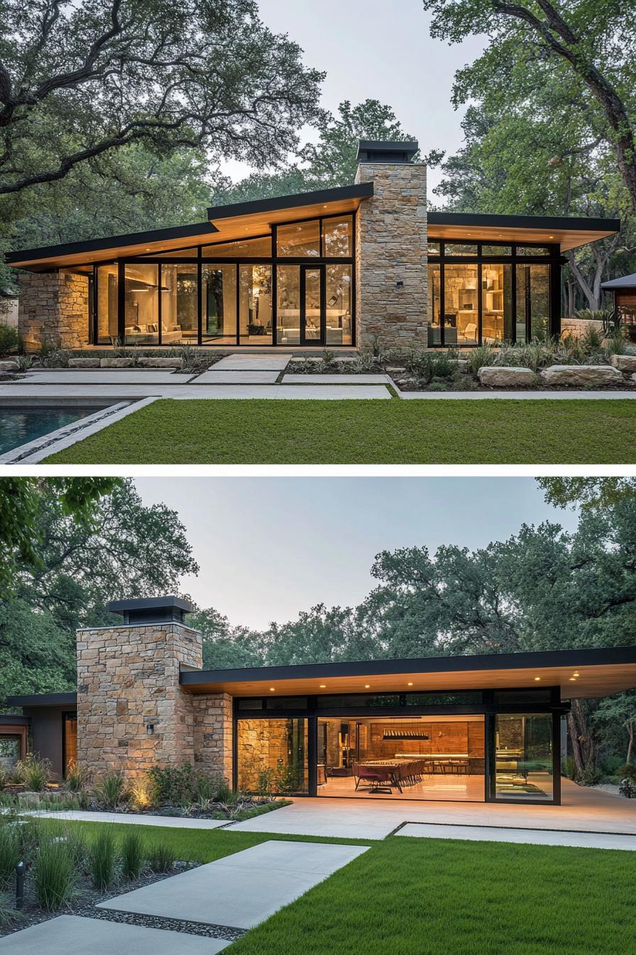 Front view of a modern ranch house with large glass windows and stone chimney