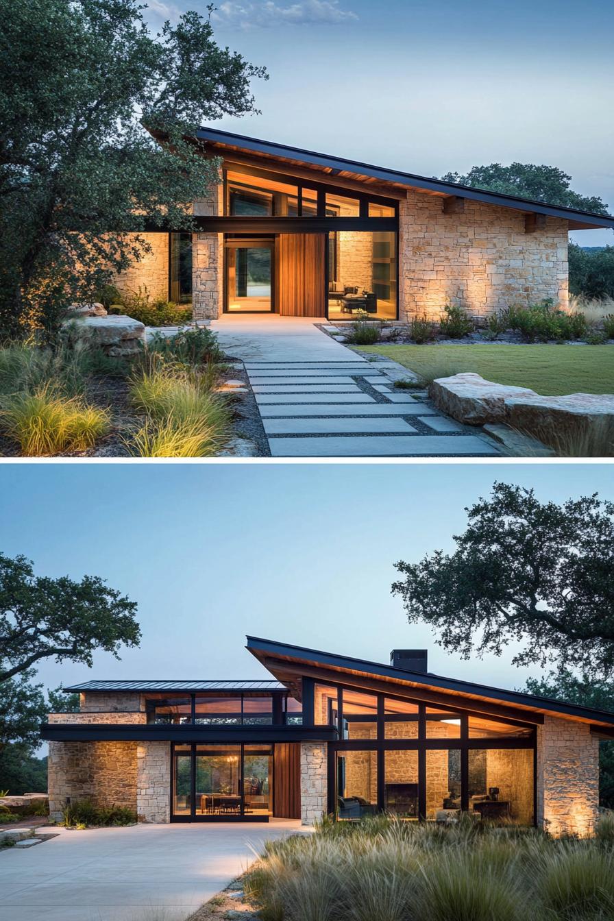 Contemporary ranch house with stone accents and large windows