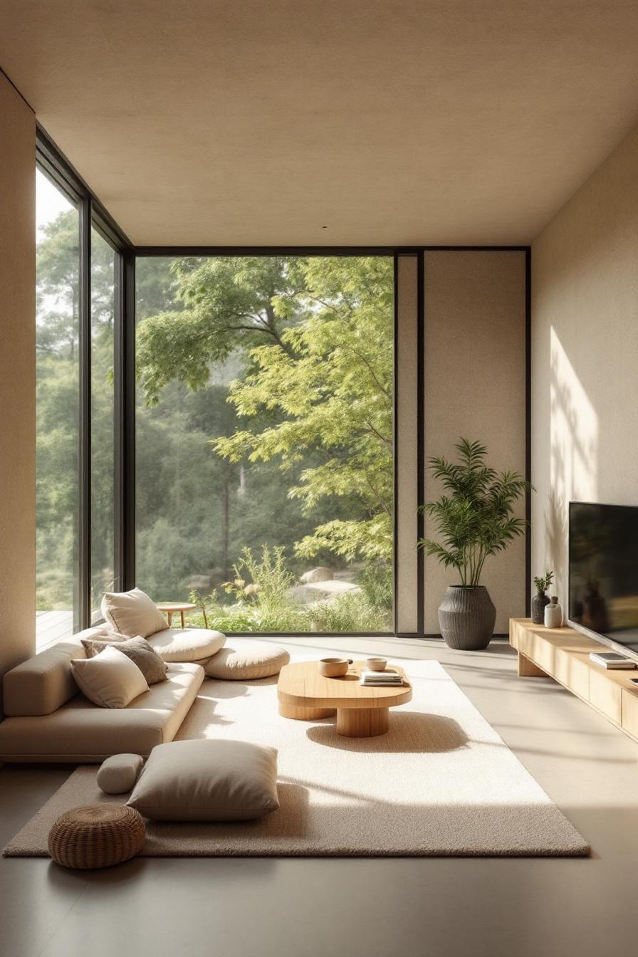 Minimalist living room with large windows and neutral decor