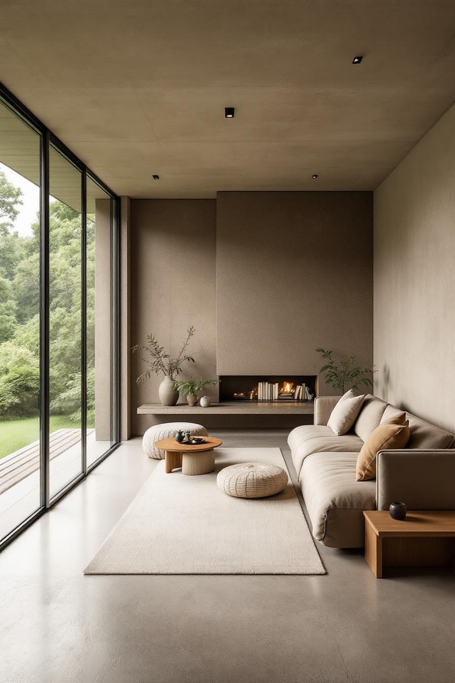 Modern minimalist room with natural tones and large windows