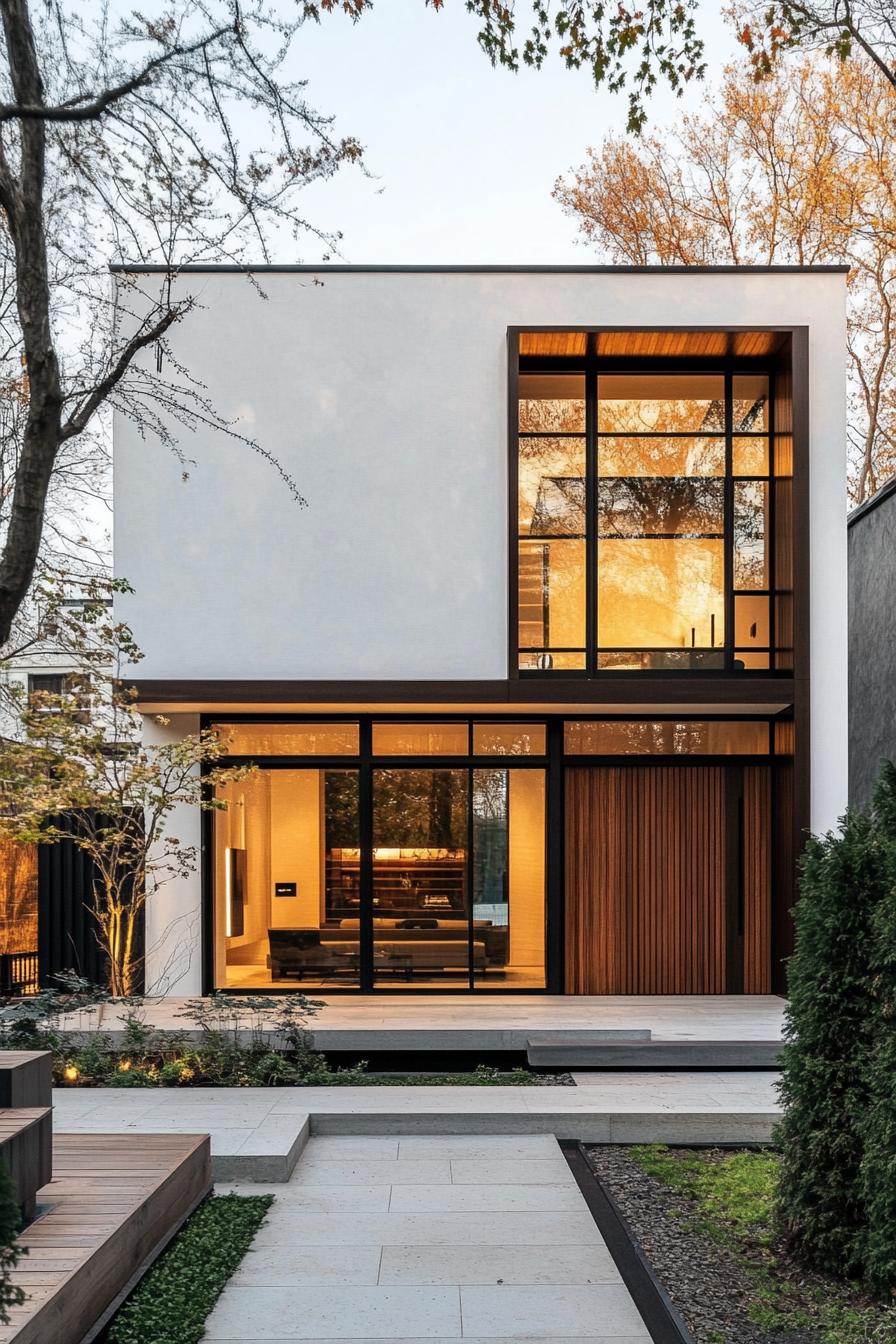 A minimalist house with large windows amidst trees