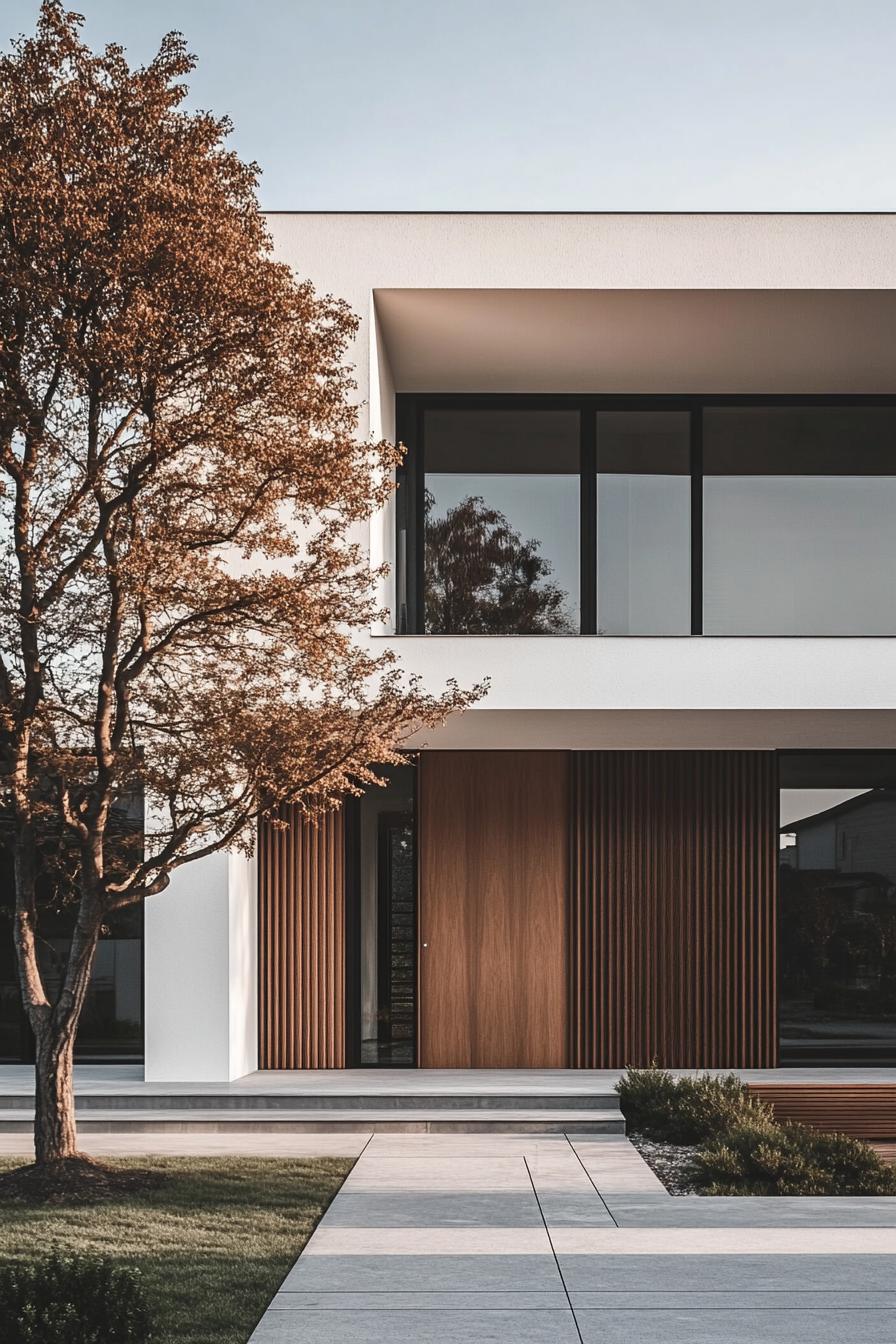 Contemporary minimalist home with wooden panels and large windows