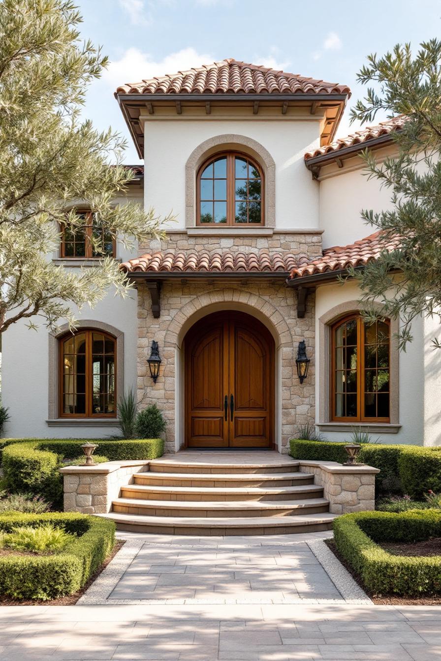 Grand entrance with arched doorway and stone facade