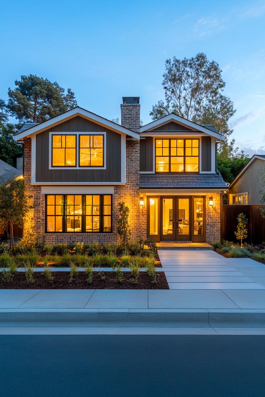 Modern craftsman house with warm lighting and brick façade