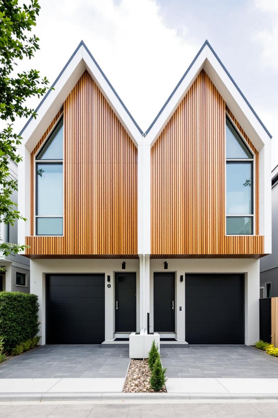 Two stylish wooden facades with large windows