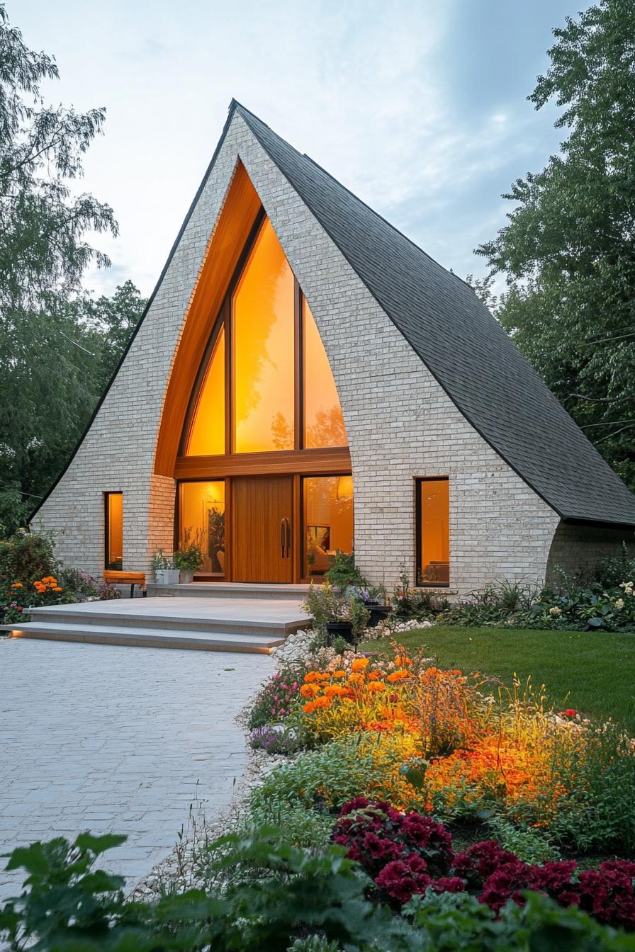 Cozy A-frame house with warm lights and a flower garden