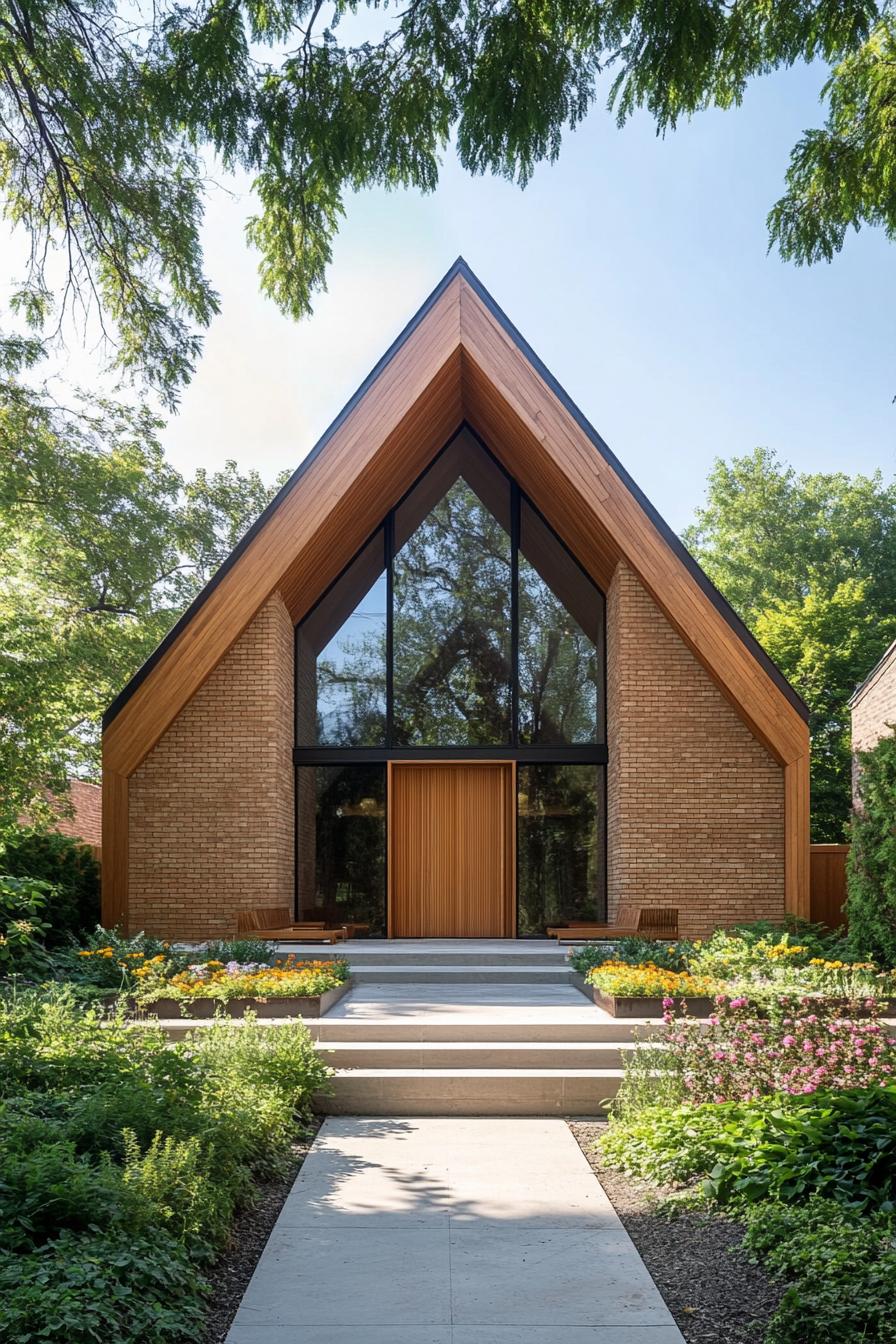 A-Frame house with brick walls and large windows