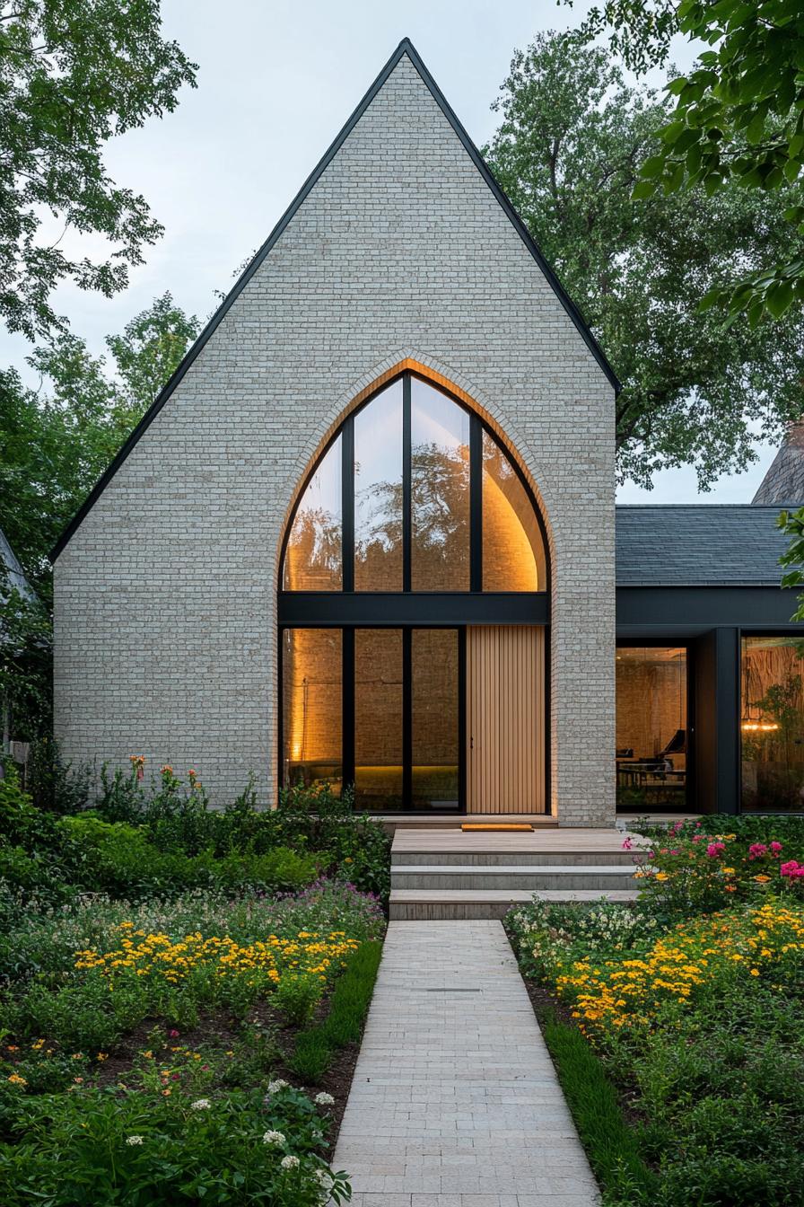 Modern brick house with large arched window and garden path