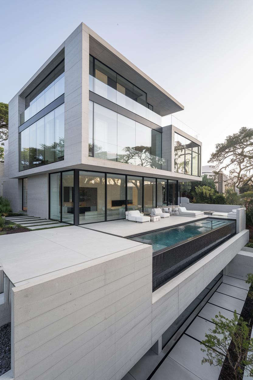 Modern glass and concrete house with pool