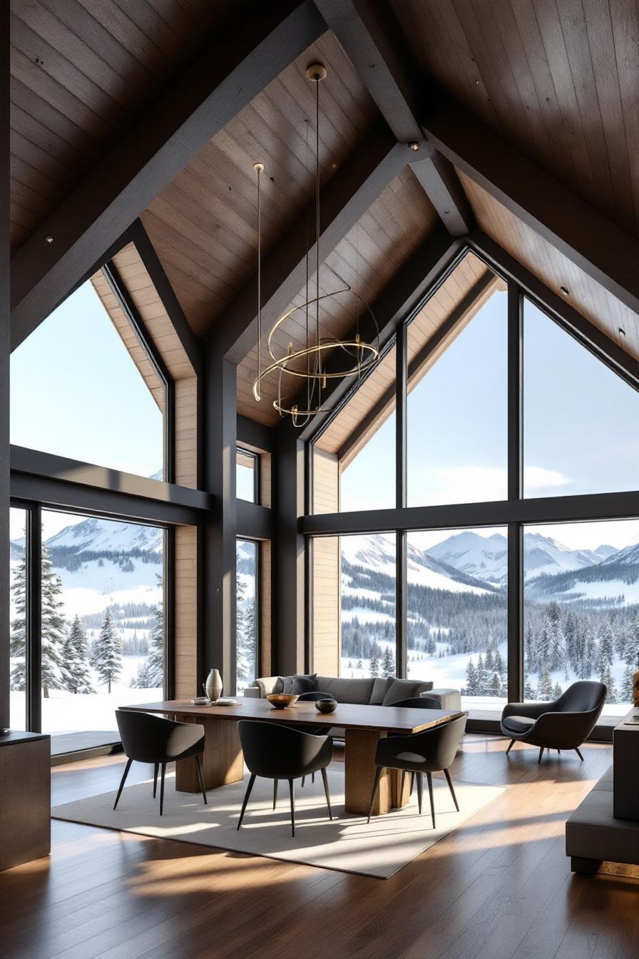 Chic modern cabin interior with stunning mountain views