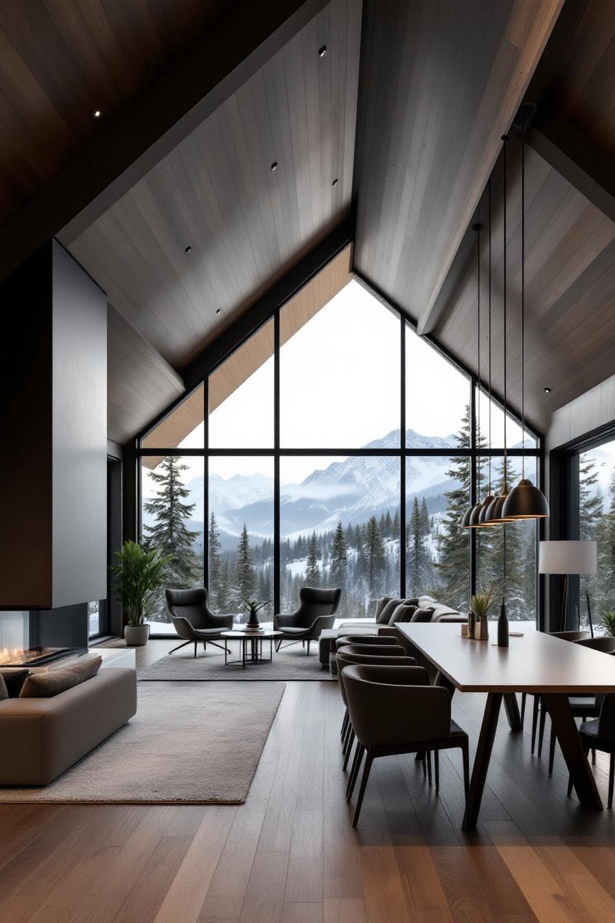 Spacious cabin interior with mountain view and modern furnishings