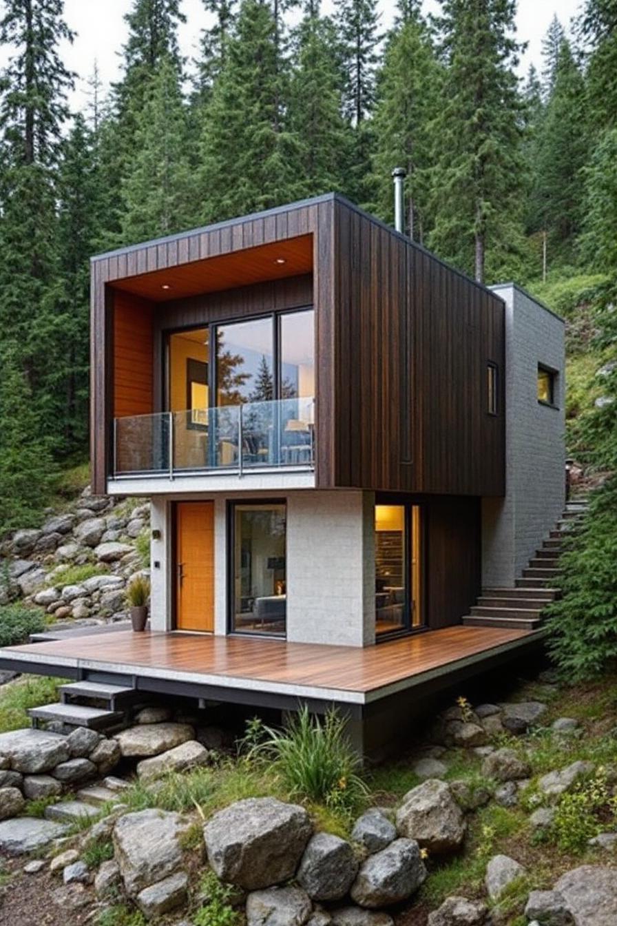 Contemporary two-story cabin with wooden accents