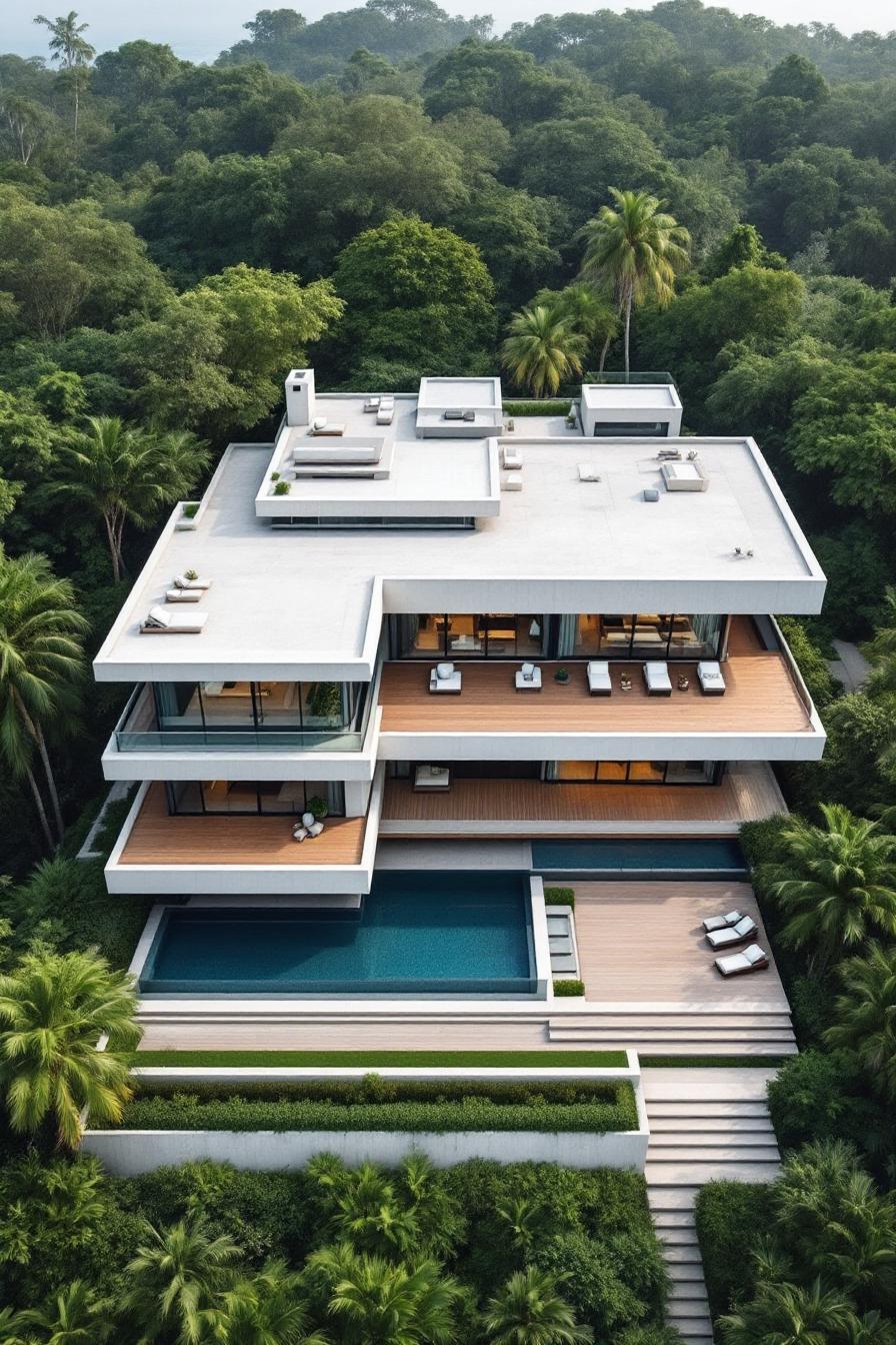 Modern concrete mansion nestled in lush greenery