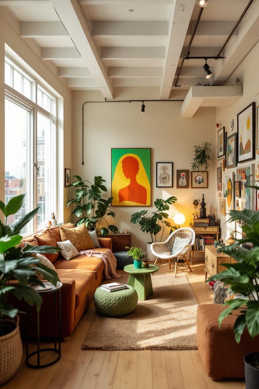 Artistically styled loft with vibrant decor and large windows