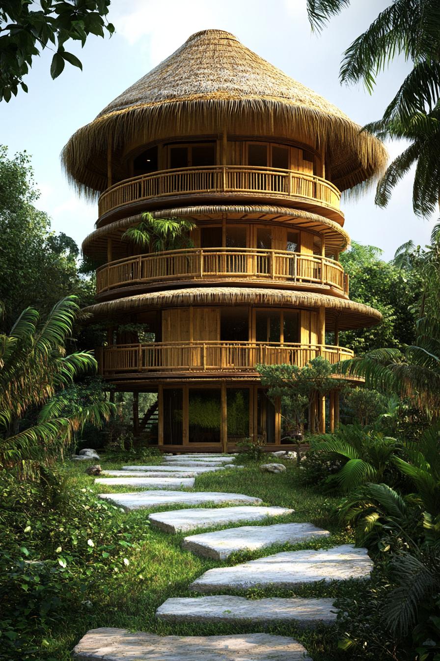 Round bamboo house with multiple levels in a lush setting