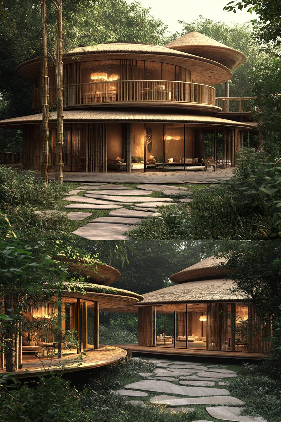 Circular bamboo house nestled in a lush forest