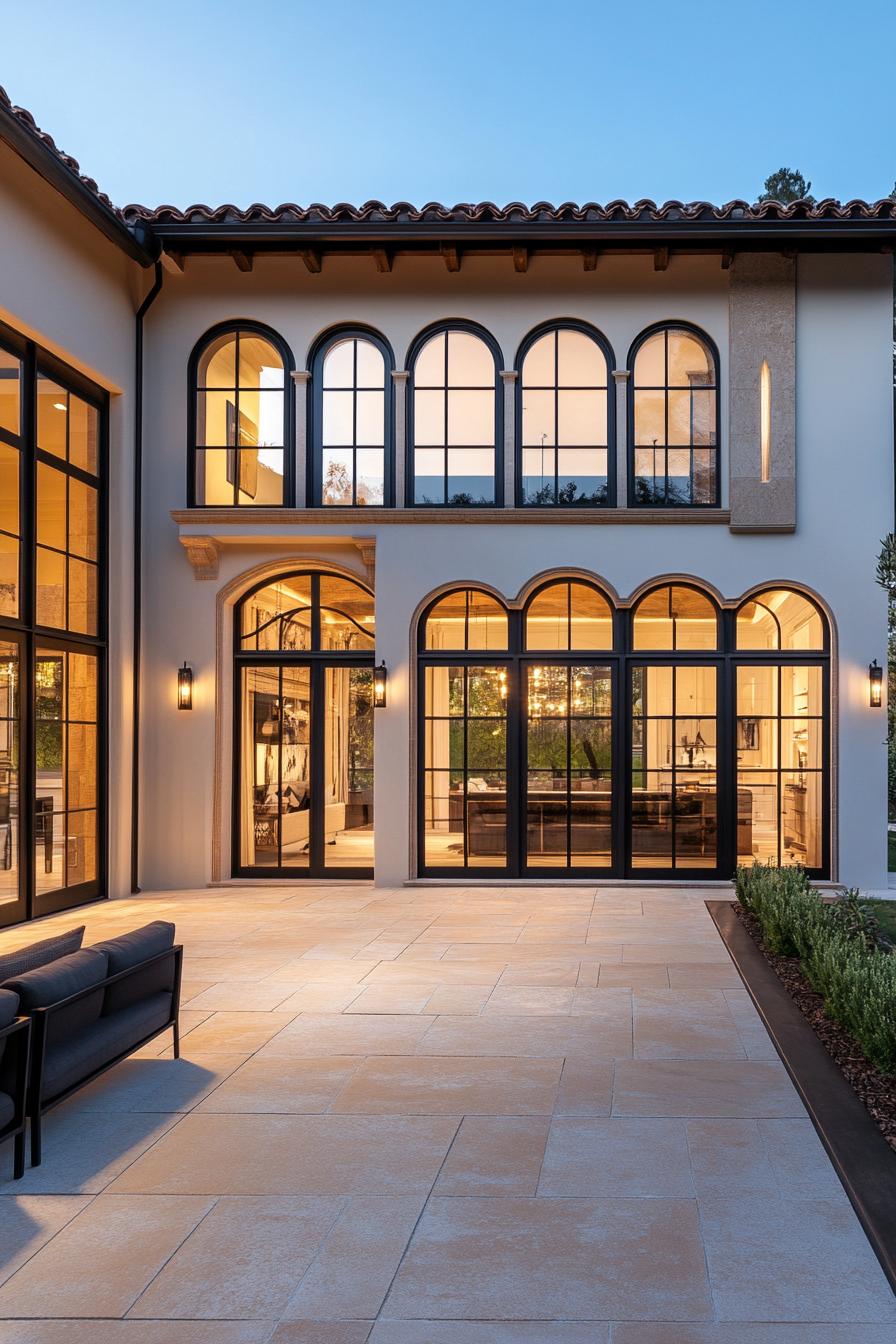 Contemporary Spanish villa with arched windows and open patio