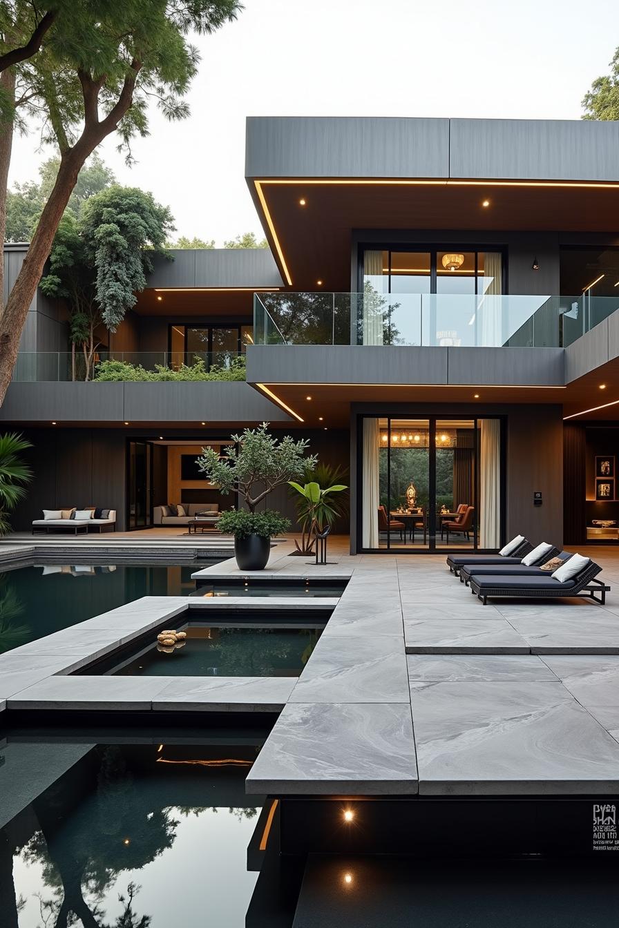 Modern concrete and glass house with poolside seating