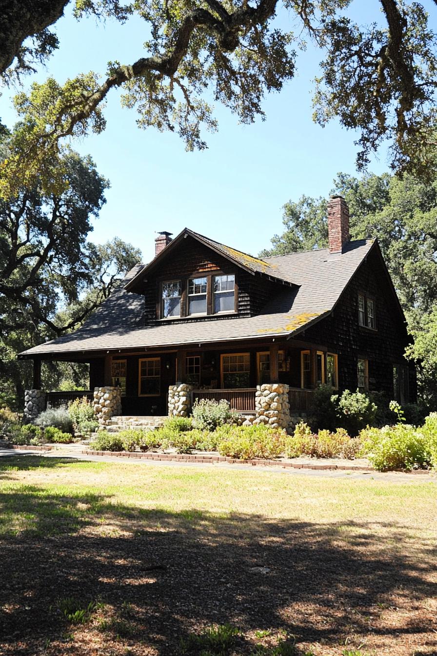 Craftsman farmhouse nestled among oak trees