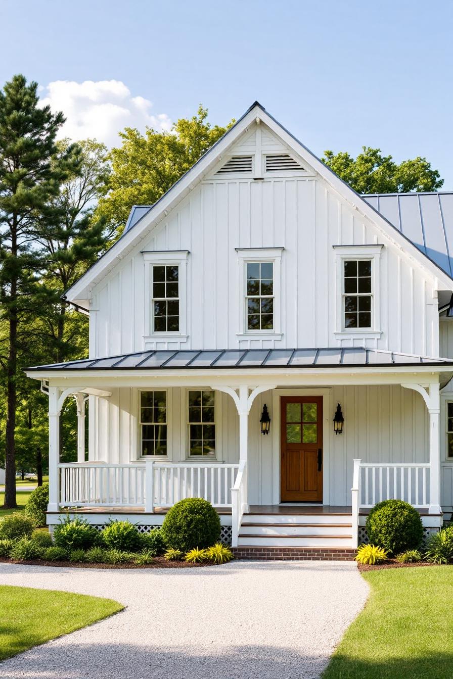 White farmhouse with green trees and a sunny path