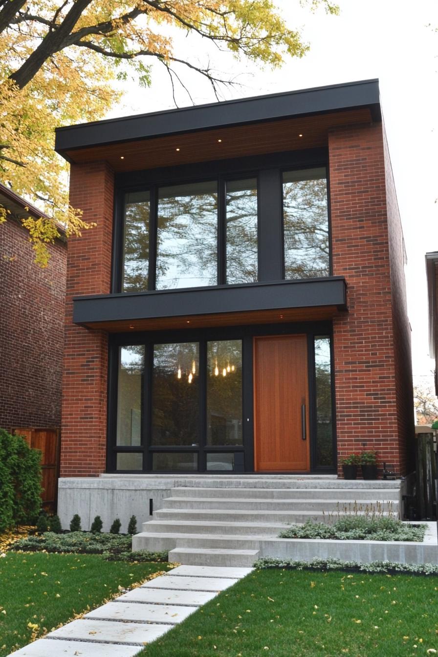 Modern brick house with large windows and a wooden door