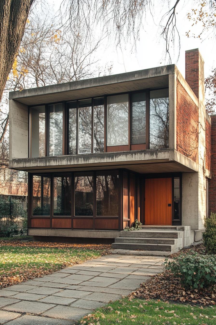 Modern house with concrete and glass design surrounded by autumn leaves