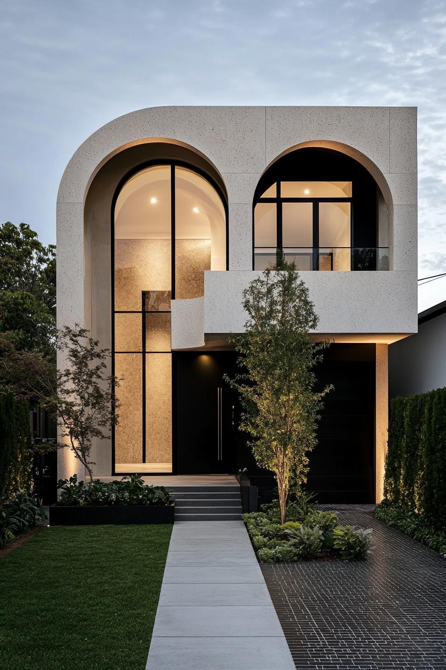 Modern Victorian house with arched windows and a lush garden