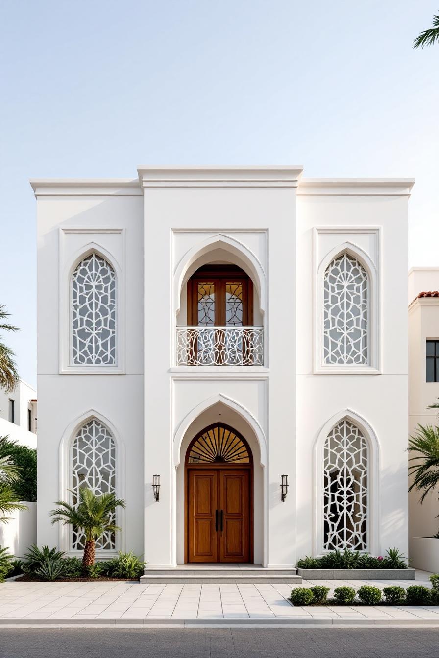 Elegant white facade with intricate arched windows