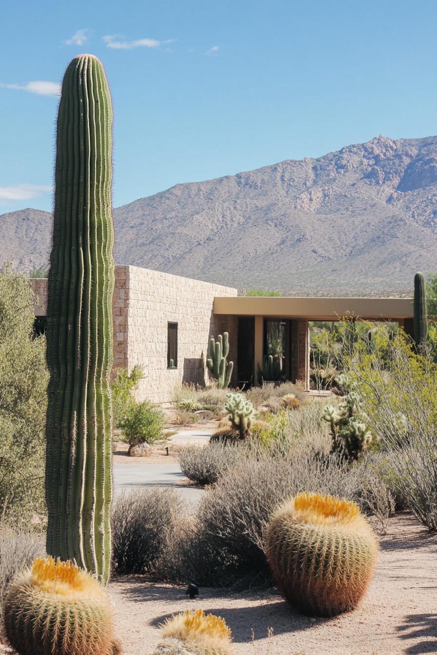 Modern desert house with cacti and mountains in the background