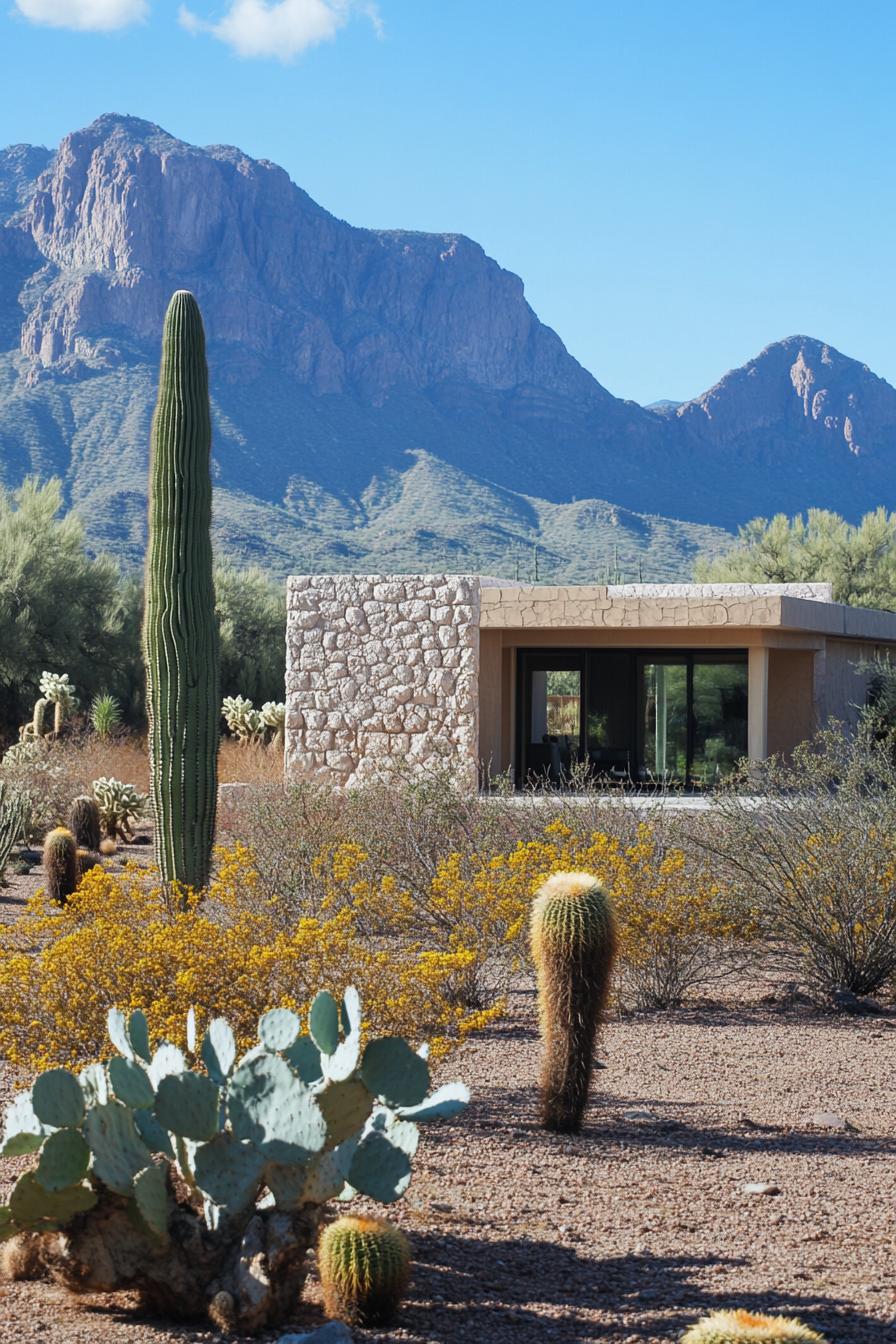 Modern desert home with stone facade and cacti around