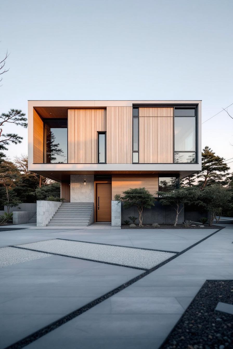 Modern minimalist house with wooden facade, surrounded by greenery