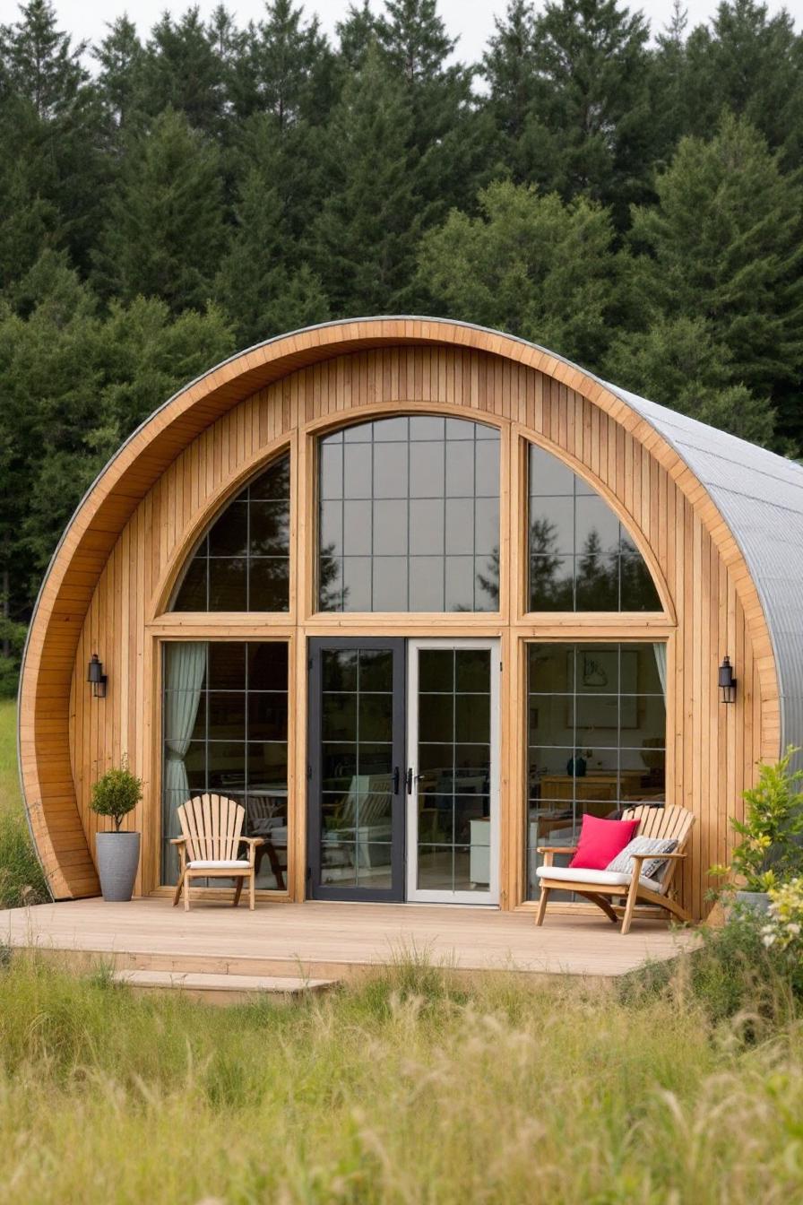 Quaint wooden Quonset hut nestled in greenery