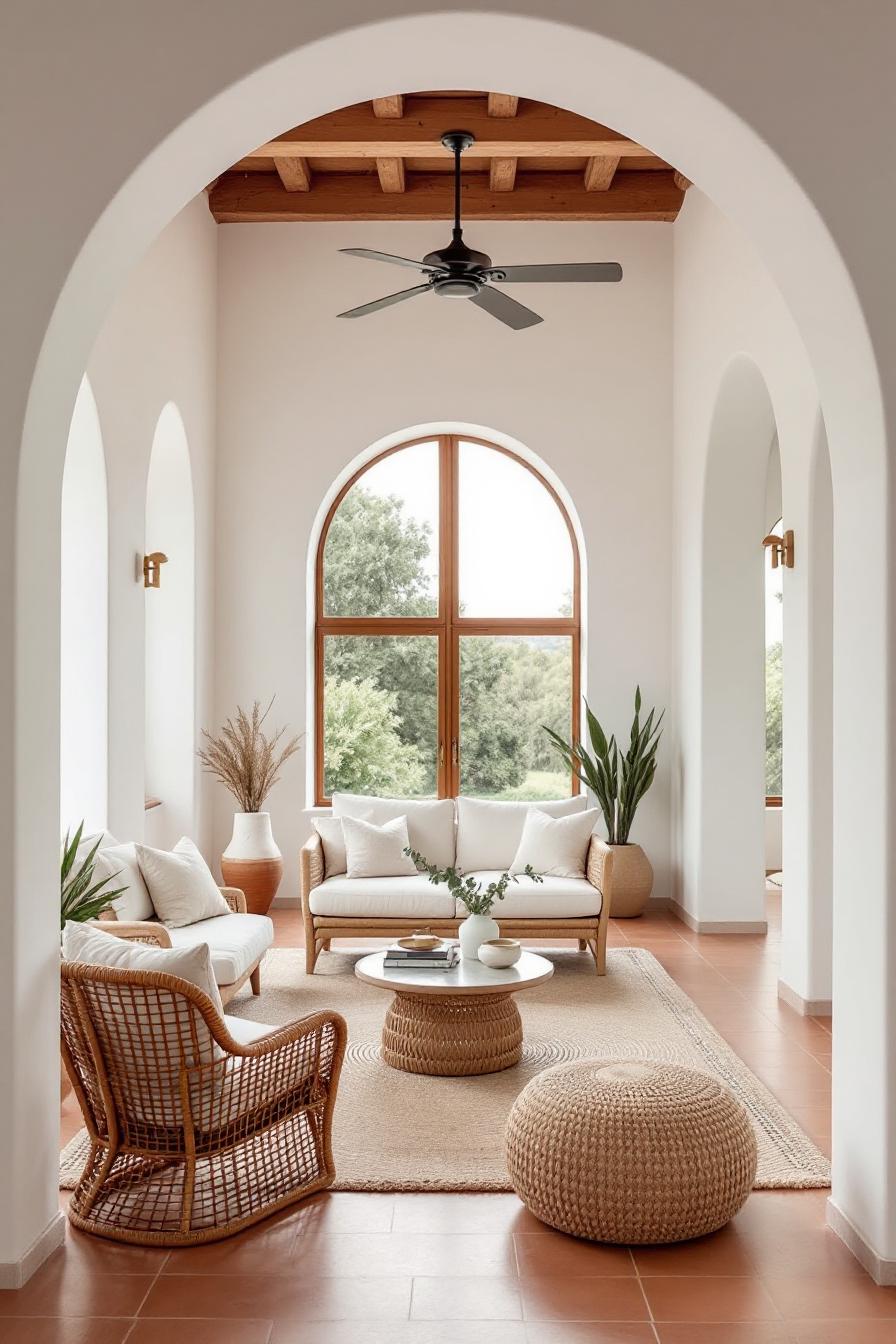 Bright living room with archways and wooden tones