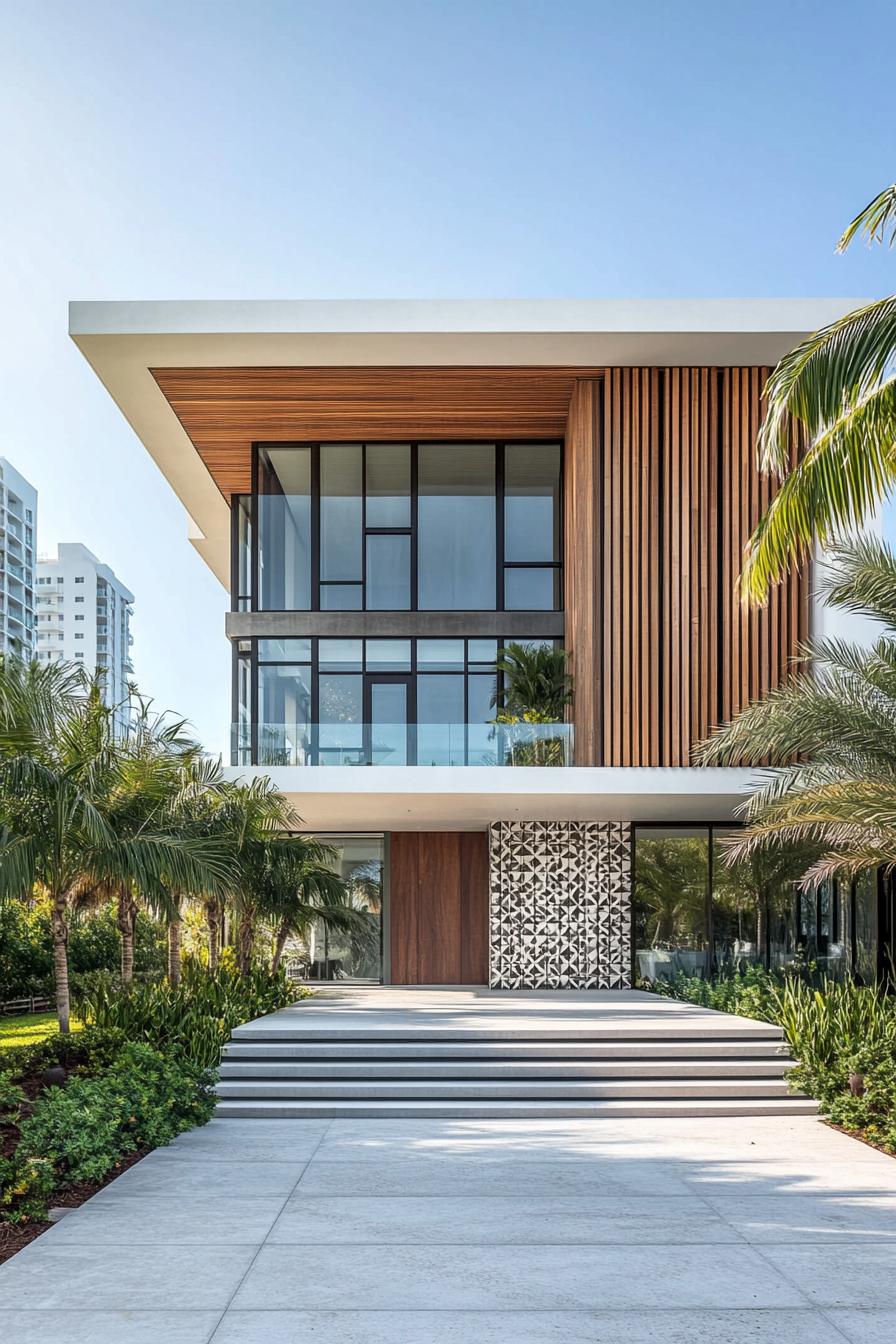 Modern facade with wood panels and geometric accents