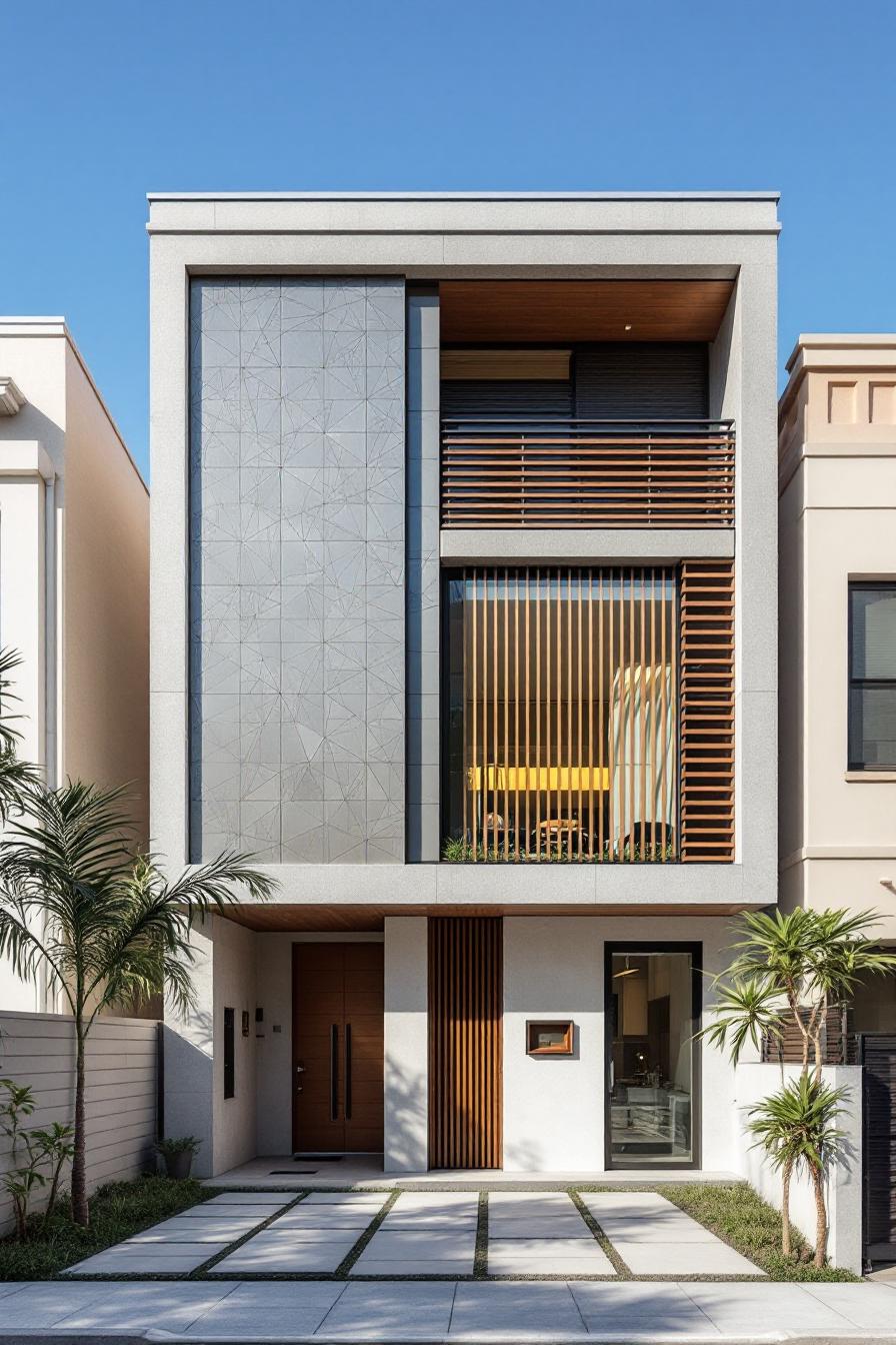 Modern house facade with geometric panels and wooden accents