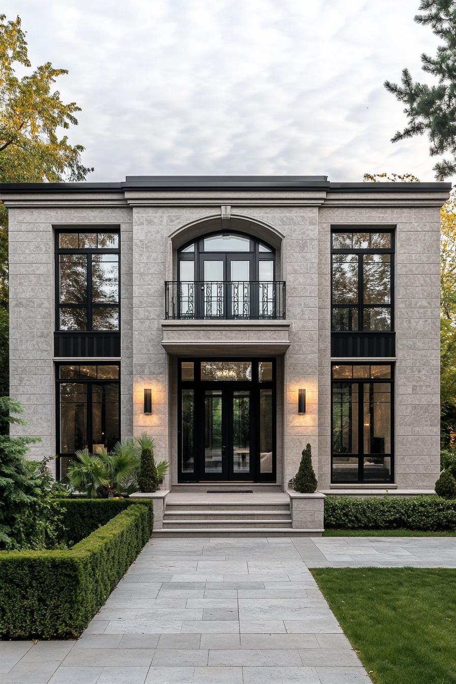 Grand entrance of a modern neoclassical house with symmetrical design