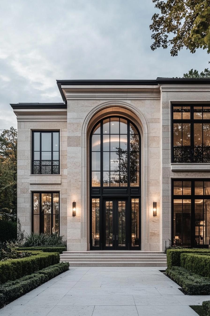 Modern neoclassical house exterior with large windows and arched entrance