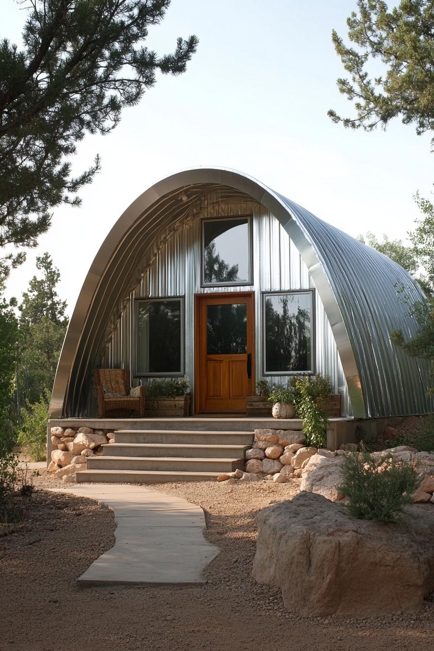 Metal Quonset hut with wooden entrance and porch