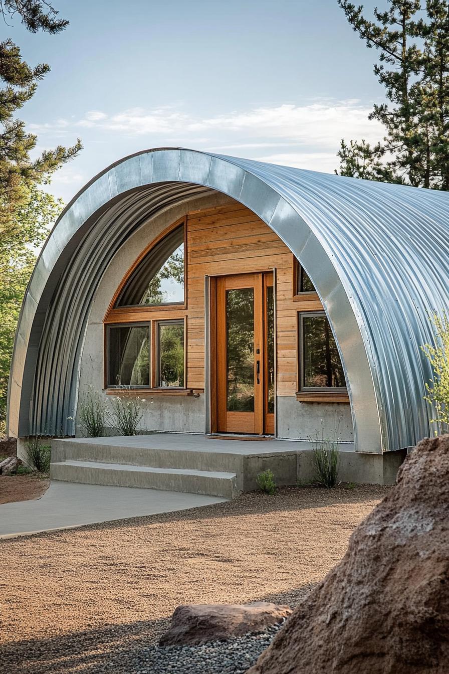 Curved metal hut with a wooden entrance nestled among trees