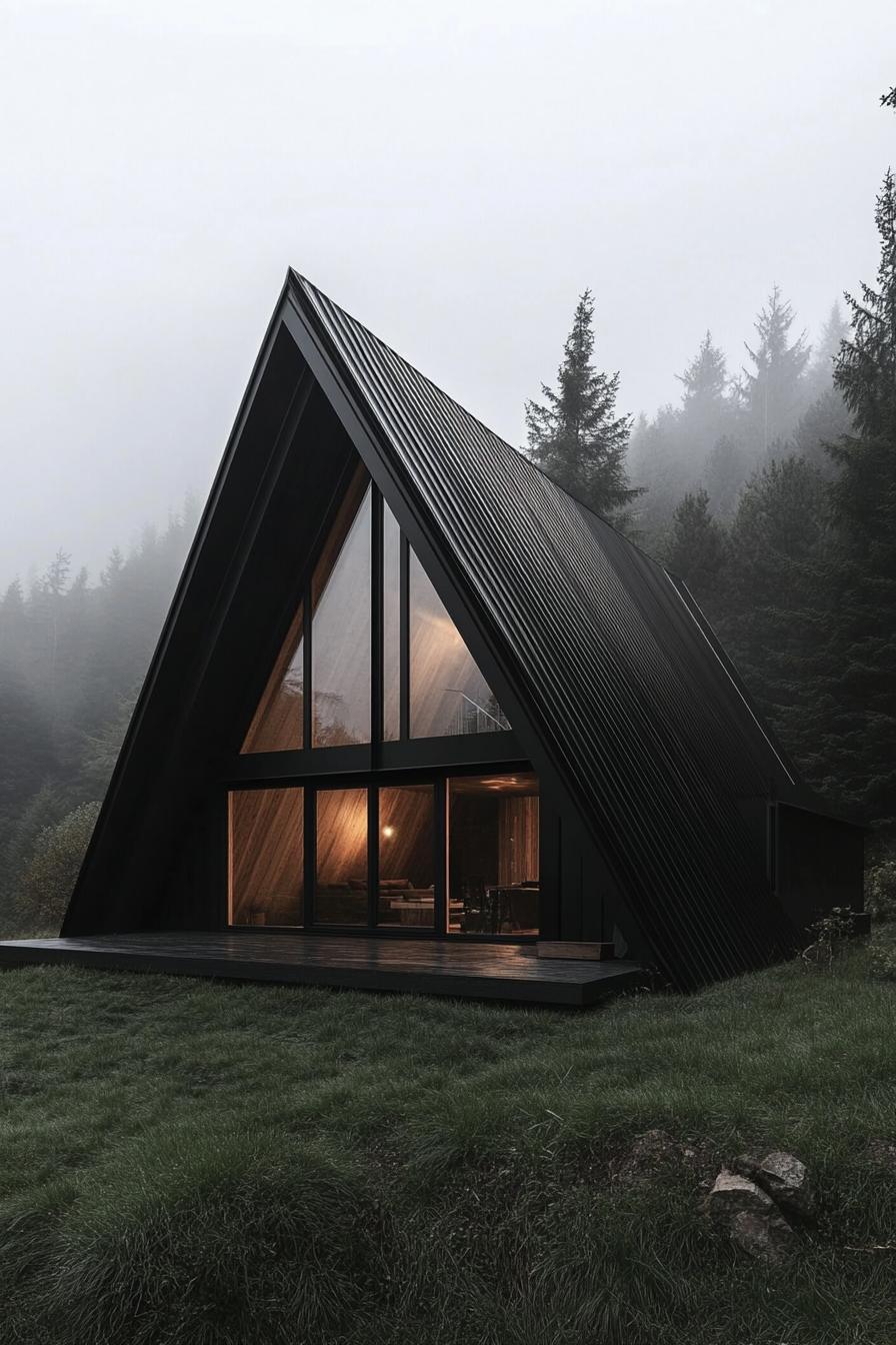 A-frame cabin nestled in a misty forest