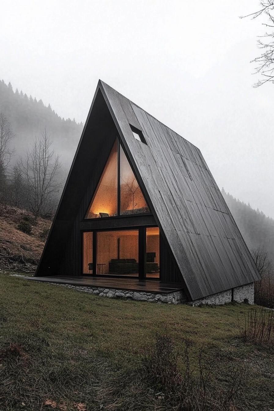 Cozy triangular cabin nestled in misty woods