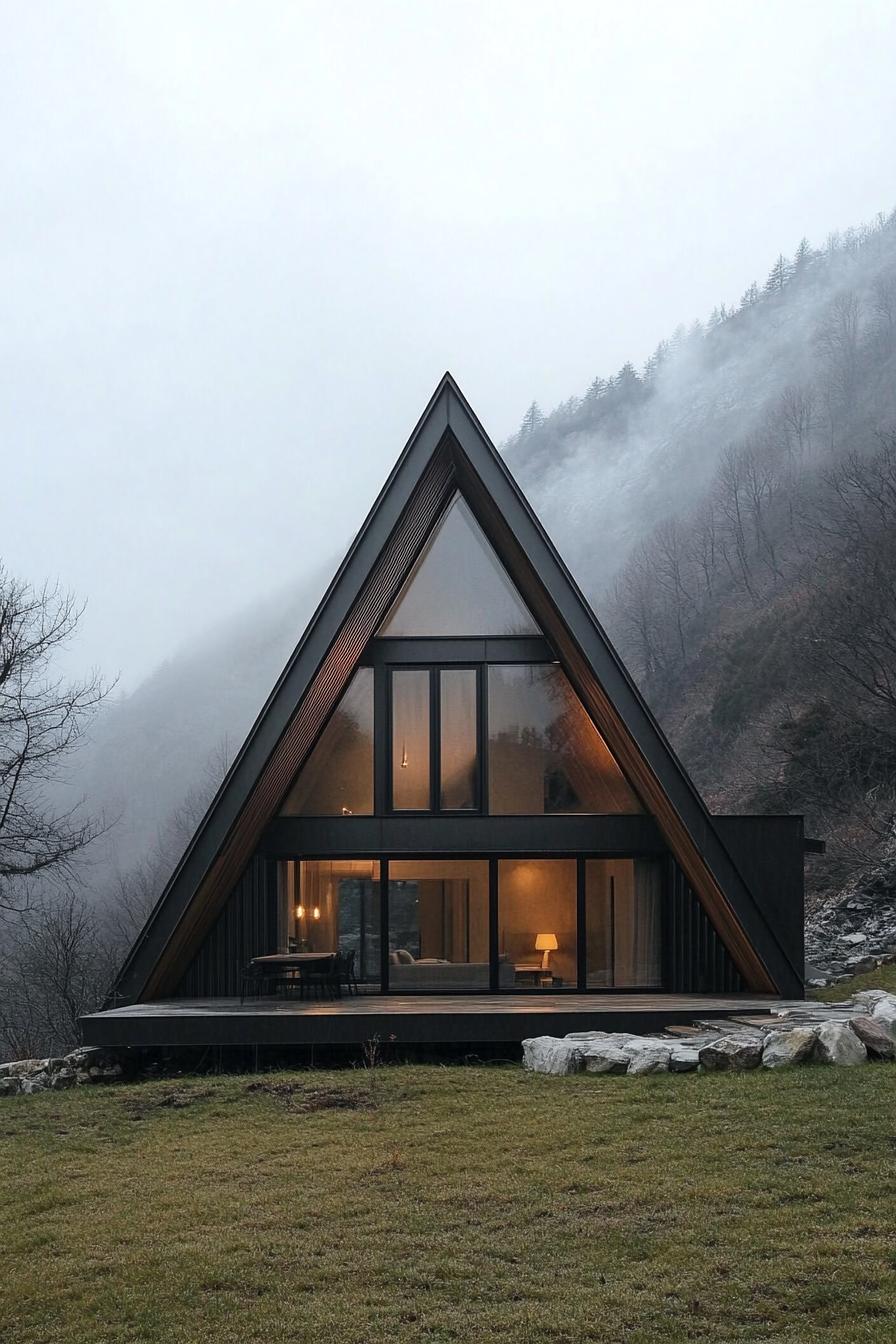 A-Frame house with glass front in foggy mountains