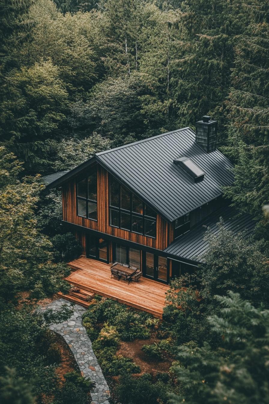 Wooden cabin nestled among lush greenery