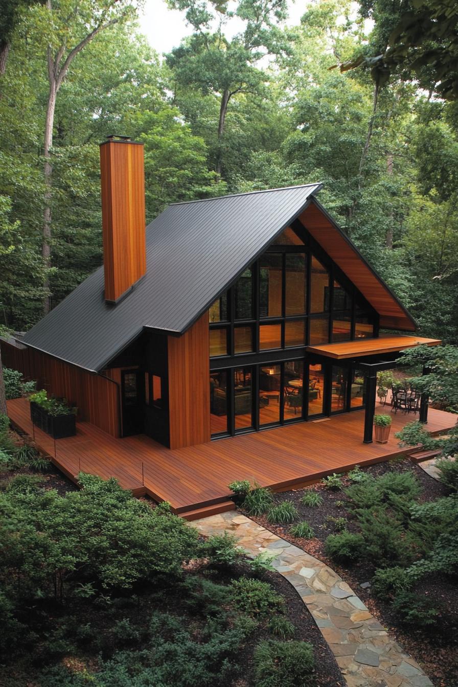 Wooden cabin with large windows surrounded by trees