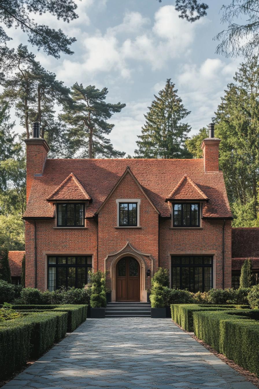 Brick house with triangular roofs and lush surroundings