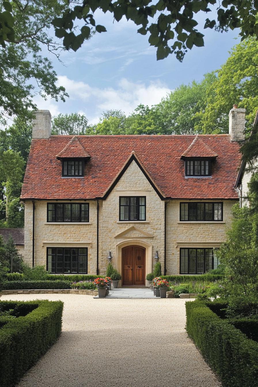 Charming stone house with red roof and manicured garden