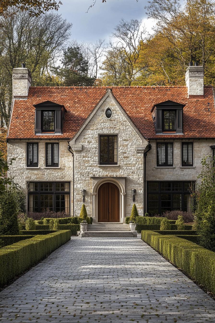 Elegant stone house with red roof flanked by trees