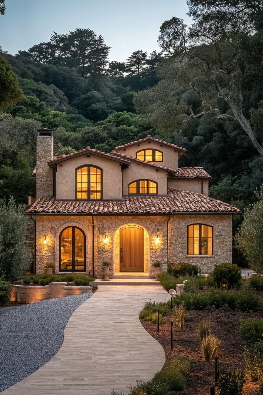 Cozy Tuscan home with stone facade and lush backdrop