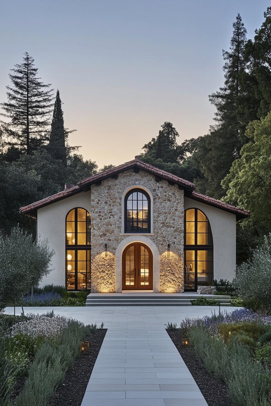 Charming stone facade with distinctive arches in a lush setting